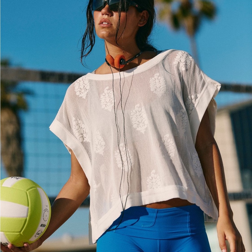 FP Movement by Free People White Sheer Floral Short Sleeve Tee